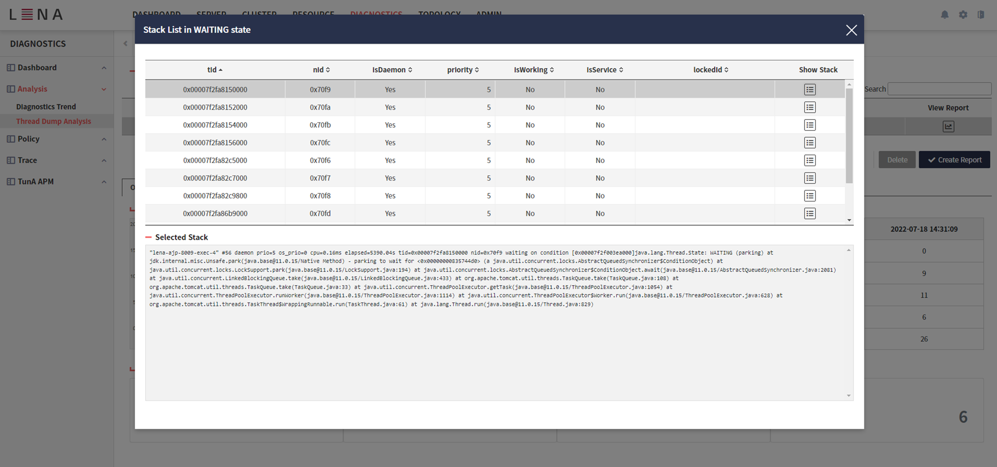 diagnostics dump threadInfo